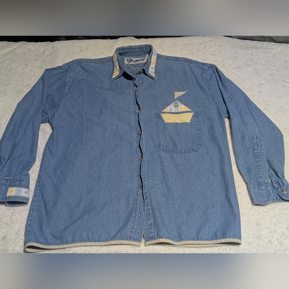 Vintage Atlantic Sportswear Denim Sailboat Sun Applique Shirt Small